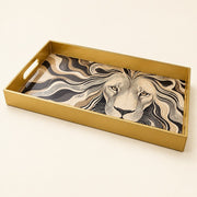 White Gold Blue Striped Botanical Tray with Yellow Peony Floral Design - MintiHome