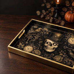 Vintage Halloween Skull Serving Tray with Black & Gold Gothic Frame - MintiHome