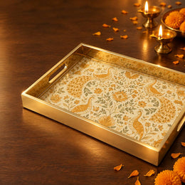 Golden Peacock Floral Glass Serving Tray – Mughal Scroll - MintiHome