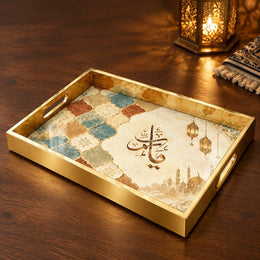 Ramadan Decorative Glass Serving Tray – Gold Lace Oval Medallion - MintiHome