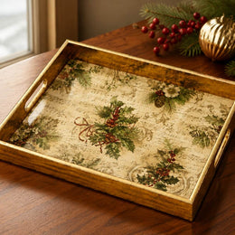 Golden Watercolor Poinsettia Christmas Glass Serving Tray - MintiHome