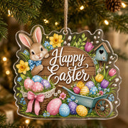 Clear acrylic Easter bunny wall decor with wooden Happy Easter sign, pastel eggs, teal wheelbarrow, and birdhouse on jute.