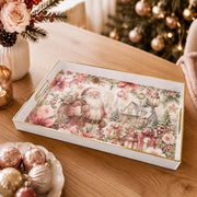 White tray with gold trim featuring pink Santa snow cottage and poinsettia Christmas design