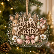 Clear acrylic Easter bunny hanging wall decor with rustic Happy Easter wooden sign, eggs, basket, and pink bow on jute twine.