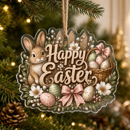 Clear acrylic Easter bunny hanging wall decor with rustic Happy Easter wooden sign, eggs, basket, and pink bow on jute twine.