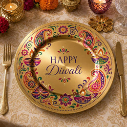 Gold electroplated Diwali charger plate with multicolor paisley motifs, diya icons and Happy Diwali text on a warm dining table.