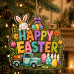 Clear acrylic HAPPY EASTER wall decor with colorful letters, bunny, egg basket, teal vintage truck, and tulips on jute twine.