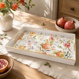 White tray with gold trim featuring watercolor pomegranate and floral botanical design