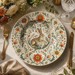 Easter decorative charger plate with a centered brown bunny surrounded by orange, cream and white flowers in a Victorian-style wreath, top-down view.