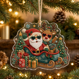 Clear acrylic knit Santa and reindeer wall decor with heart sunglasses, sleigh, gift boxes, and Christmas trees on jute.