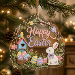 Clear acrylic hanging wall decor with blue birdhouse, songbird, bunny, egg basket, and Happy Easter greeting on jute twine.