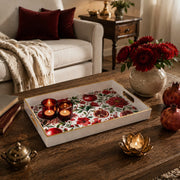 White tray with gold trim featuring red pomegranate and peony floral design
