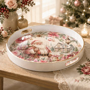 White tray with gold trim featuring pink Santa snow cottage and poinsettia Christmas design