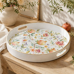 White Gold Pomegranate Floral Tray Watercolor Botanical Decorative Art - MintiHome