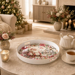 White Gold Santa Christmas Tray with Poinsettia and Snow Cottage - MintiHome