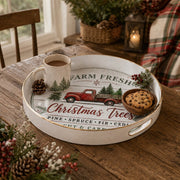 White tray with gold trim featuring Farm Fresh Christmas Trees sign with red truck and evergreens