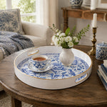 White tray with gold trim featuring blue and white porcelain floral and bird chinoiserie design