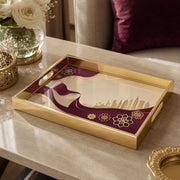 Qatar Flag Wind Glass Serving Tray – Falcon Skyline on a coffee table, featuring UV-printed artwork on tempered glass with an electroplated frame and matching handles.