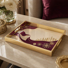 Qatar Flag Wind Glass Serving Tray – Falcon Skyline on a coffee table, featuring UV-printed artwork on tempered glass with an electroplated frame and matching handles.