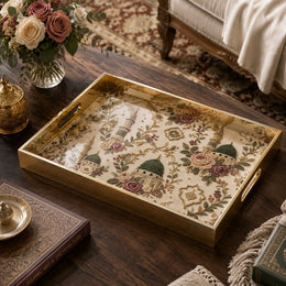 Islamic Mosque Embroidery Gold Decorative Tray with Green Domes and Gold Frame | Minti Home on a coffee table, featuring UV-printed artwork on tempered glass with an electroplated frame and matching handles.