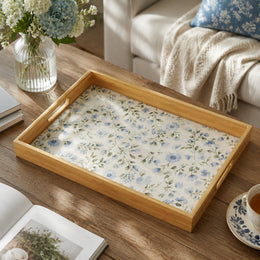 Elegant Blue Floral Decorative Tray with Wooden Frame - MintiHome