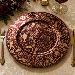 Decorative charger plate on a linen table.
