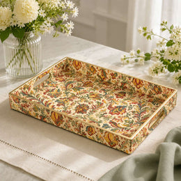 Cream Turkish Paisley Rectangular Tray | Mediterranean Home Decor featuring full-color printed artwork with gold-painted rim and matching handles.