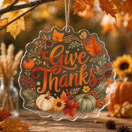 Give Thanks Acrylic Hanging Wall Decor – Pumpkin & Fall Leaves - MintiHome