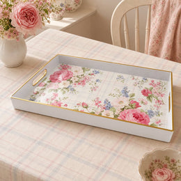 White tray with gold trim featuring vintage pink rose bouquet with plaid background pattern