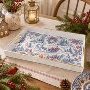 White tray with gold trim featuring blue toile Santa sleigh winter village Christmas pattern on ivory ground