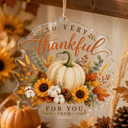 Thankful for You acrylic hanging wall decor with pumpkin, sunflower, cotton boll, and clear die-cut edge.
