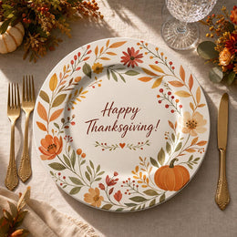 Happy Thanksgiving Pumpkin Floral Charger Plate – Watercolor Fall Table Decor - MintiHome