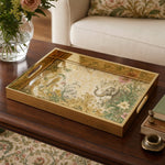 Indian Elephant Glass Serving Tray – Gold Floral Scrollwork on a coffee table, featuring UV-printed artwork on tempered glass with an electroplated frame and matching handles.