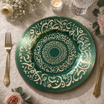 Decorative charger plate on a linen table.