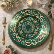 Decorative charger plate on a linen table.