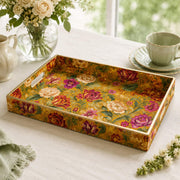 Mustard Yellow Floral Rectangular Tray | Home & Wedding Decor featuring full-color printed artwork with gold-painted rim and matching handles.