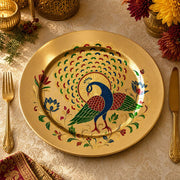Decorative charger plate on a linen table.