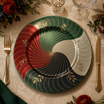 Decorative charger plate on a linen table.