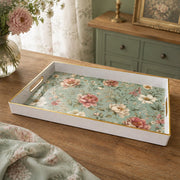 White tray with gold trim featuring vintage cottage rose peony and cosmos sage floral pattern