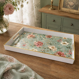 White tray with gold trim featuring vintage cottage rose peony and cosmos sage floral pattern