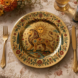 Decorative charger plate on a linen table.