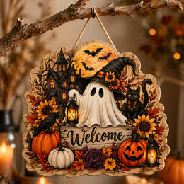 Halloween Welcome Ghost MDF Hanging Wall Decor – Black Cat clear acrylic hanging wall decor with back-printed illustration, scalloped die-cut silhouette, hung with natural jute twine.