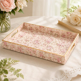 Blush Pink Vintage Rose Floral Plastic Serving Tray – Gold Border - MintiHome