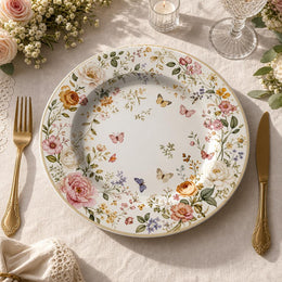 Vintage garden wreath of pink roses, peonies, wildflowers, and butterflies on a white decorative charger plate with gold rim for romantic table decor.

Plate type: white