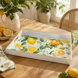 White tray with gold trim featuring vibrant watercolor lemon orange slice and white citrus blossom botanical design