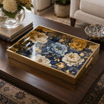 Navy Blue Peony Floral Glass Serving Tray with Gold Frame, 40x30cm on a coffee table, featuring UV-printed artwork on tempered glass with an electroplated frame and matching handles.