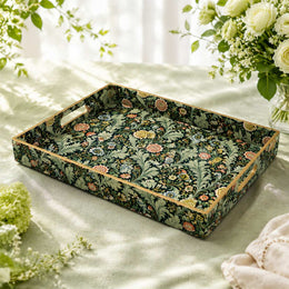 Green Vintage Floral Rectangular Tray | Classic English Decor Gift featuring full-color printed artwork with gold-painted rim and matching handles.
