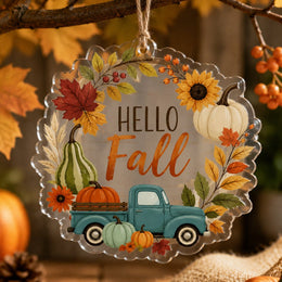 Round scalloped acrylic wall decor showing a vintage teal truck with pumpkins, sunflowers, and 