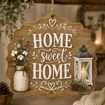 Home Sweet Home MDF Wood Hanging Wall Decor – Farmhouse clear acrylic hanging wall decor with back-printed illustration, scalloped die-cut silhouette, hung with natural jute twine.