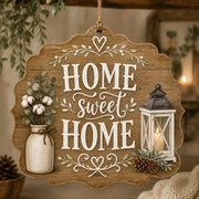 Home Sweet Home MDF Wood Hanging Wall Decor – Farmhouse clear acrylic hanging wall decor with back-printed illustration, scalloped die-cut silhouette, hung with natural jute twine.